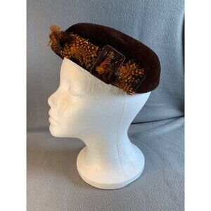 Carol Ladies Brown Hat with Feather and Buckle accents Sz 22 Vintage